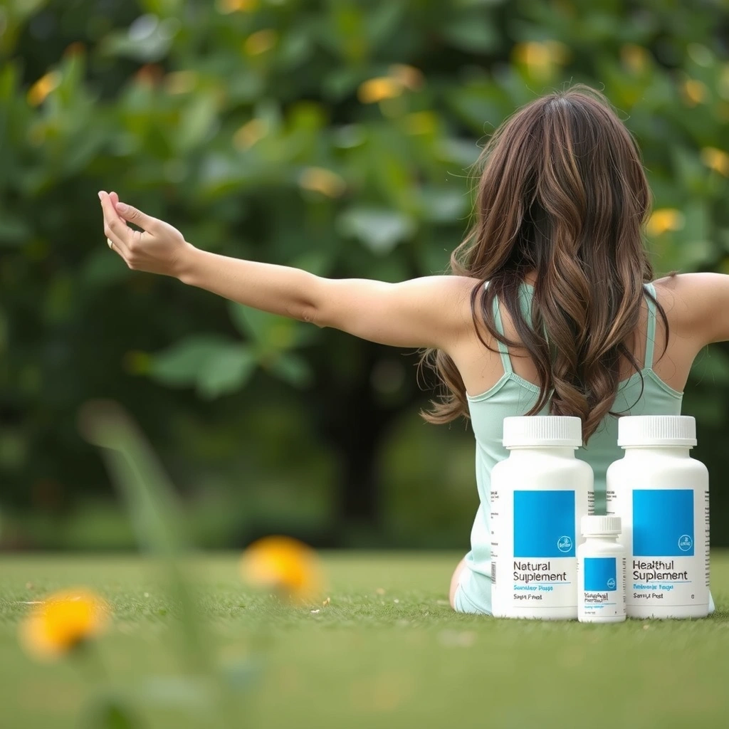 Pessoa praticando yoga ao ar livre com suplementos naturais