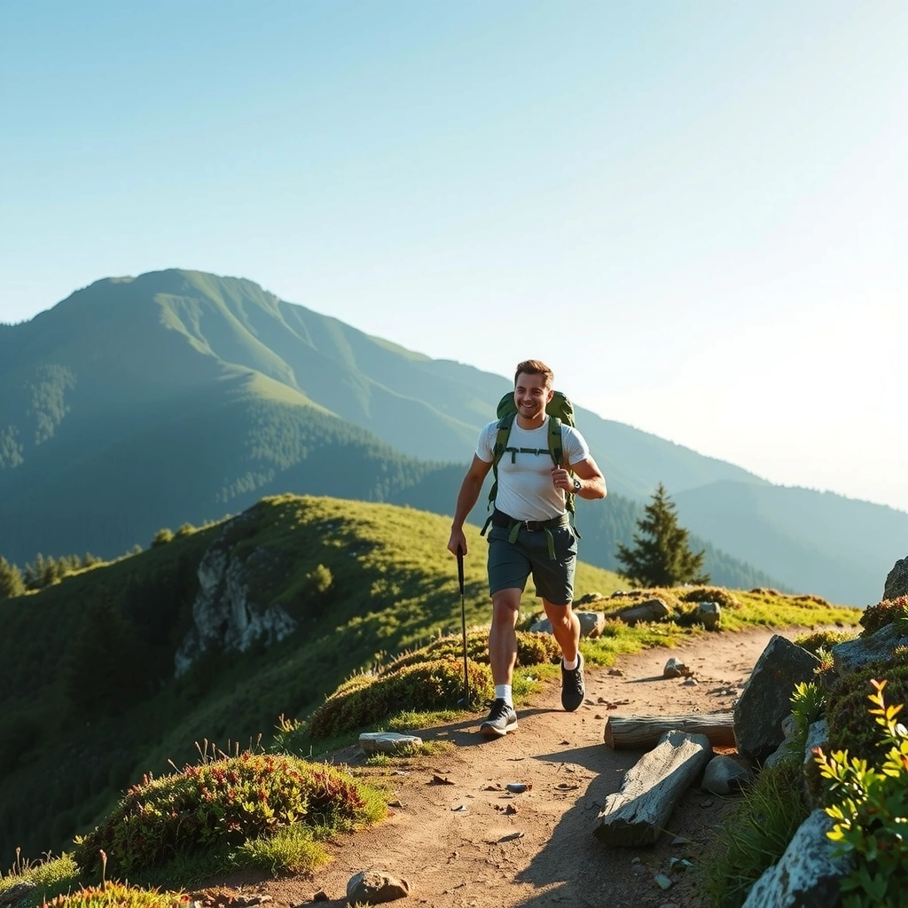 Homem saudável a caminhar na natureza portuguesa com mochila